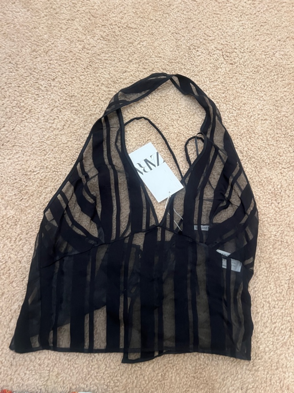 Zara Black Striped Sheer Halter Crop Top
